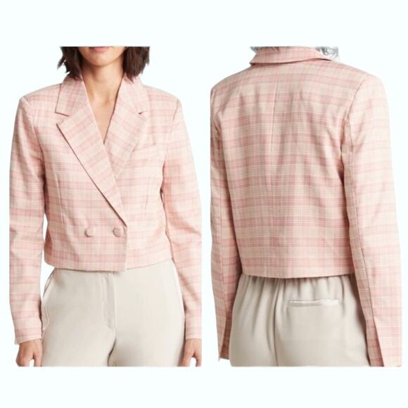 7 FOR ALL MANKIND Mauve Cropped Double Breasted Blazer Plaid Wide Notch Large - Picture 11 of 11